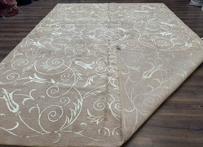 Tibetan Rug Hand Knotted Wool Silk 9x12 Beige Modern Handmade Carpet