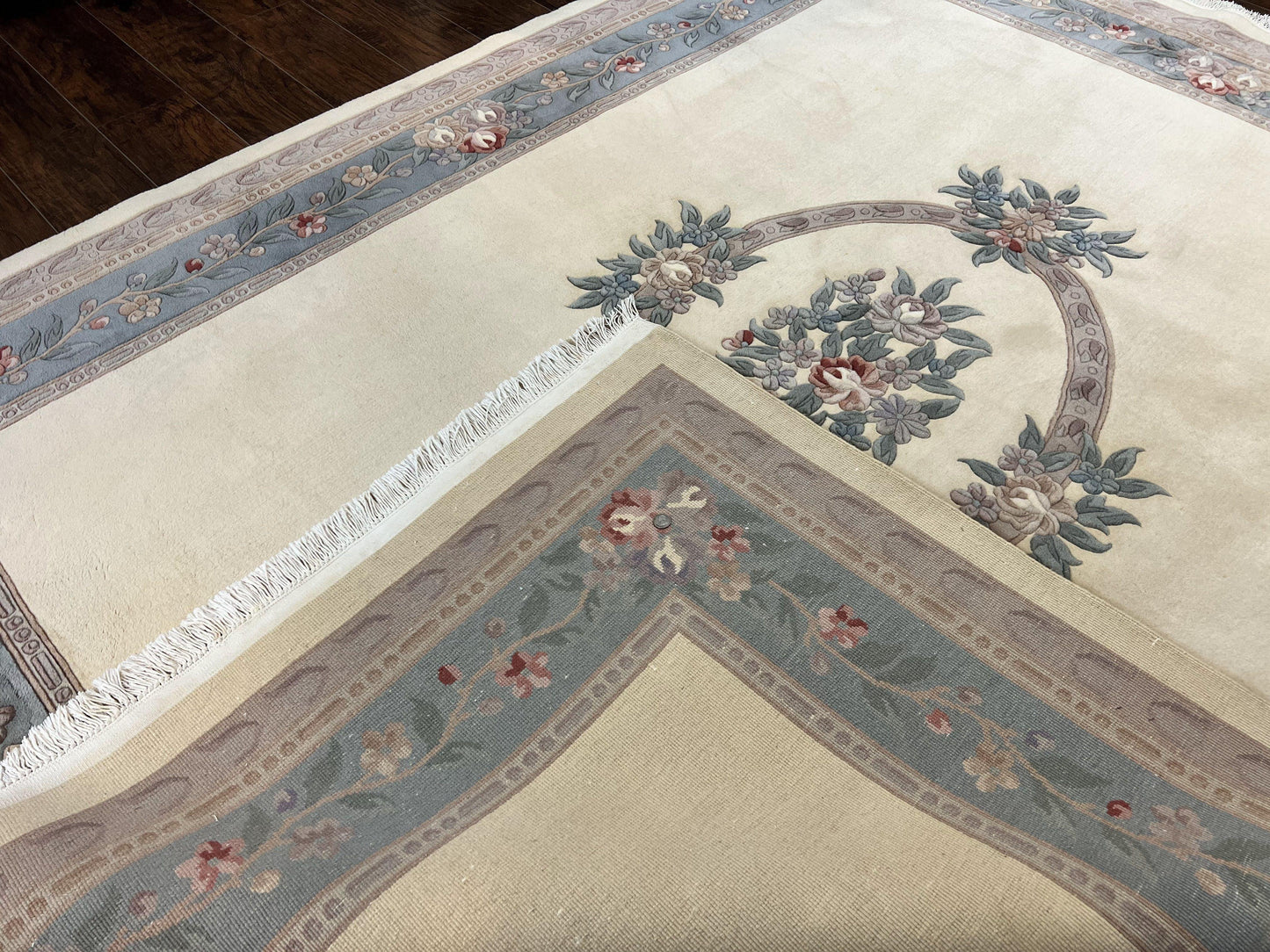 Chinese Wool Rug 8x10 Handknotted 120 Line Cream Aubusson Art Deco Oriental Rug