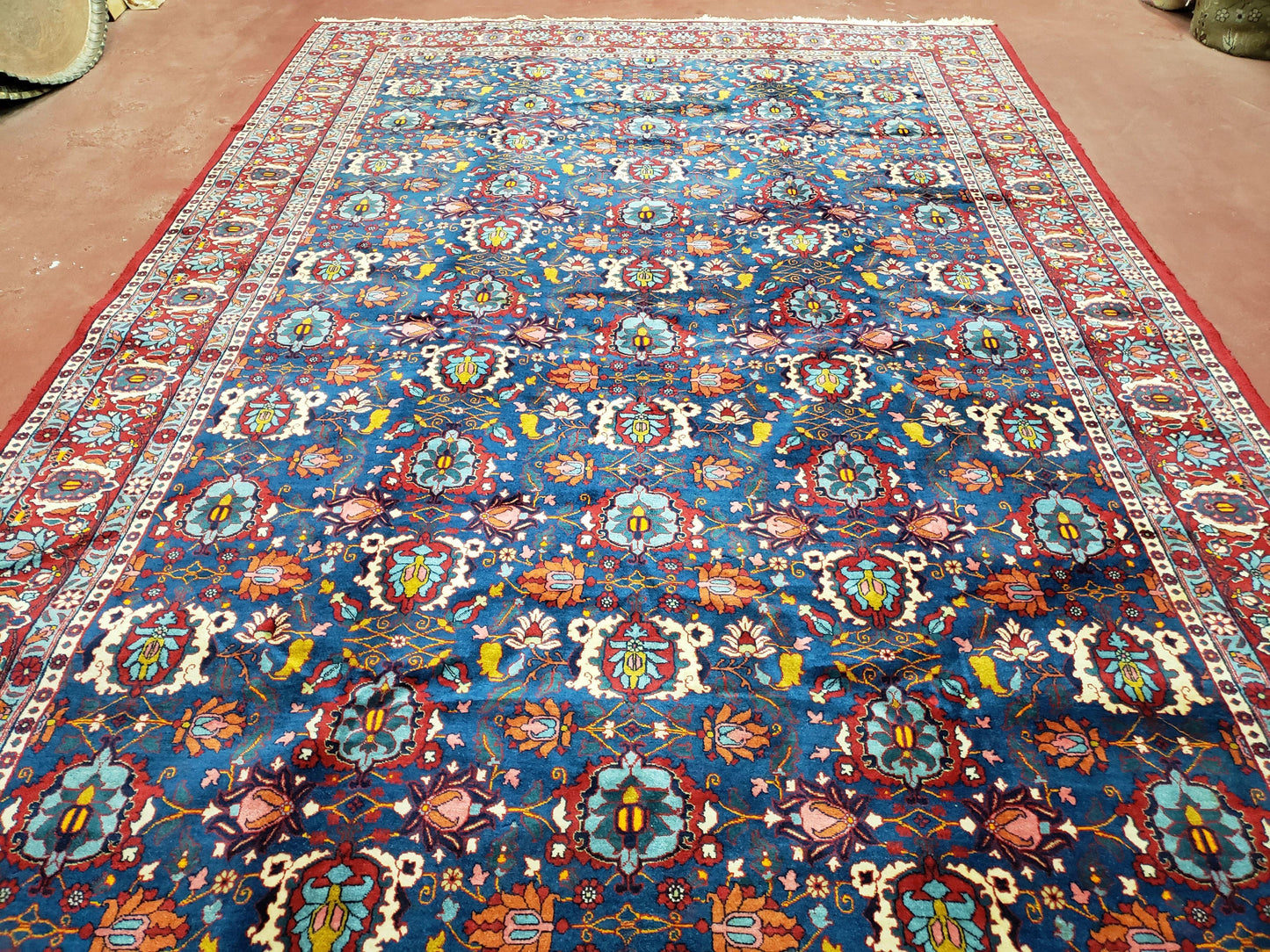 Rare Antique Persian Veramin Carpet, Mina-Khani Pattern, Blue, Red, Ivory, 7x11 ft, Hand-Knotted, Wool