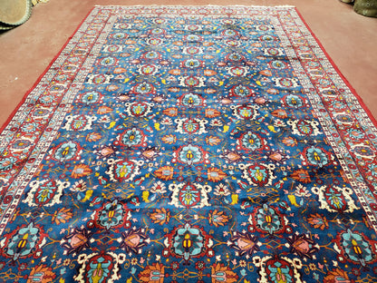 Rare Antique Persian Veramin Carpet, Mina-Khani Pattern, Blue, Red, Ivory, 7x11 ft, Hand-Knotted, Wool