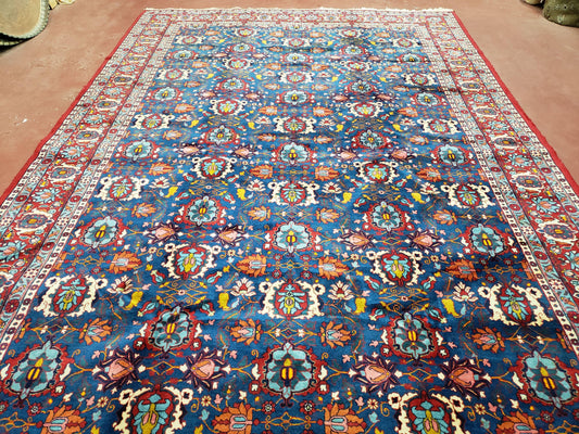 Rare Antique Persian Veramin Carpet, Mina-Khani Pattern, Blue, Red, Ivory, 7x11 ft, Hand-Knotted, Wool