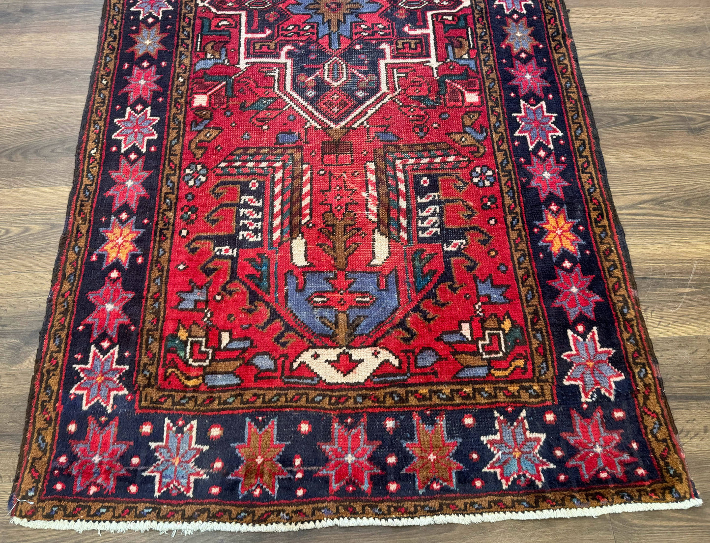 Persian Heriz Karajeh Runner Rug 3.7 x 12, Geometric Medallions, Red and Navy Blue