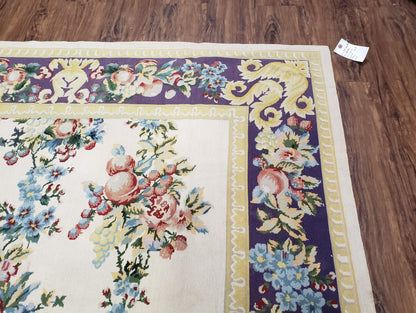 Vintage Chinese Floral Needlepoint Rug Wool Handwoven Flatweave Area Rug 6x9 Ivory Purple Dining Room