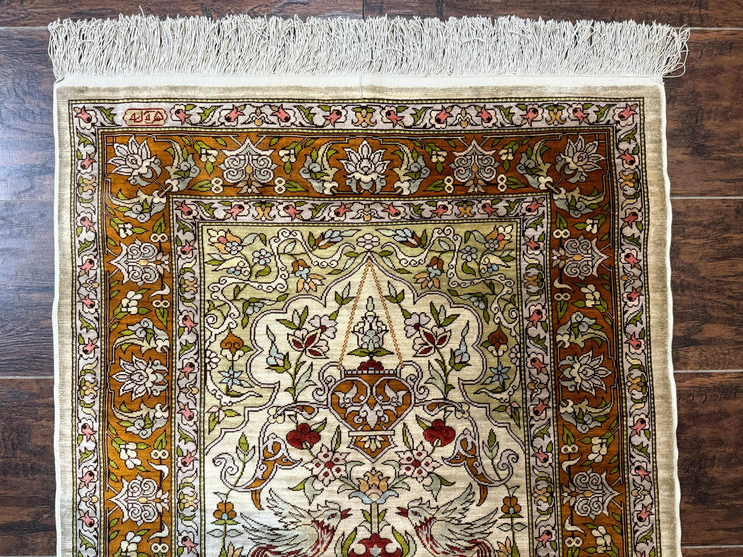 Hereke Silk Rug 2x3 Birds Lantern Very Fine 400 KPSI Hand Knotted Signed Masterweaver