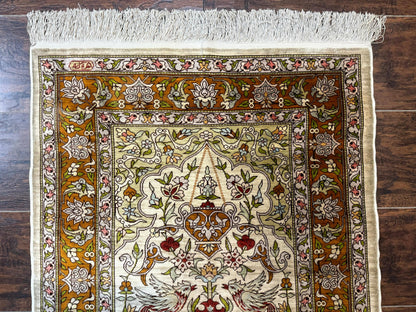 Hereke Silk Rug 2x3 Birds Lantern Very Fine 400 KPSI Hand Knotted Signed Masterweaver