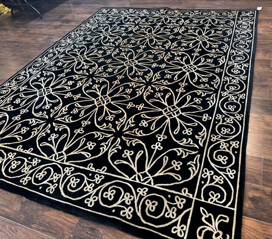 Tibetan Rug 8x10 Wool Silk Handmade With Raised Pattern Black And Gold Floral