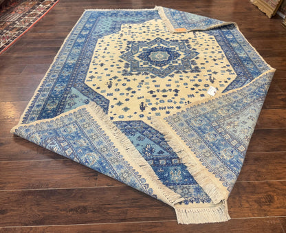 Moroccan Rug 7x10 Geometric Medallion Blue Ivory Hand Knotted Wool Area Rug
