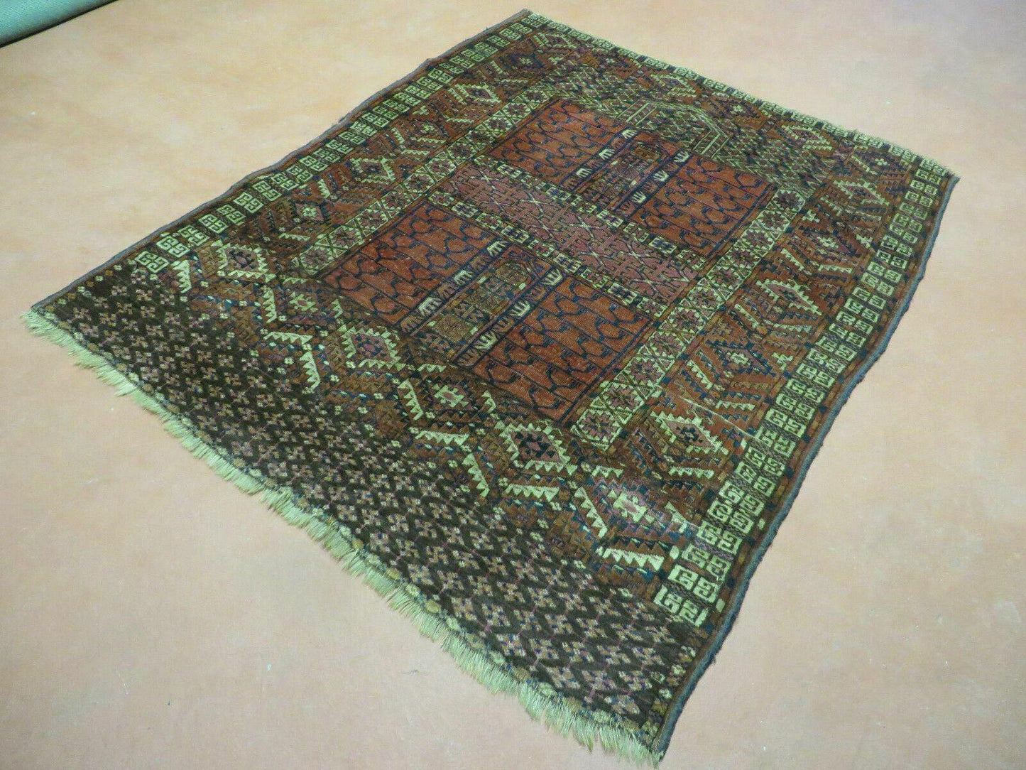 Turkoman Ensi Wool Rug Antique 4x5 Handwoven Nomadic Textile Art