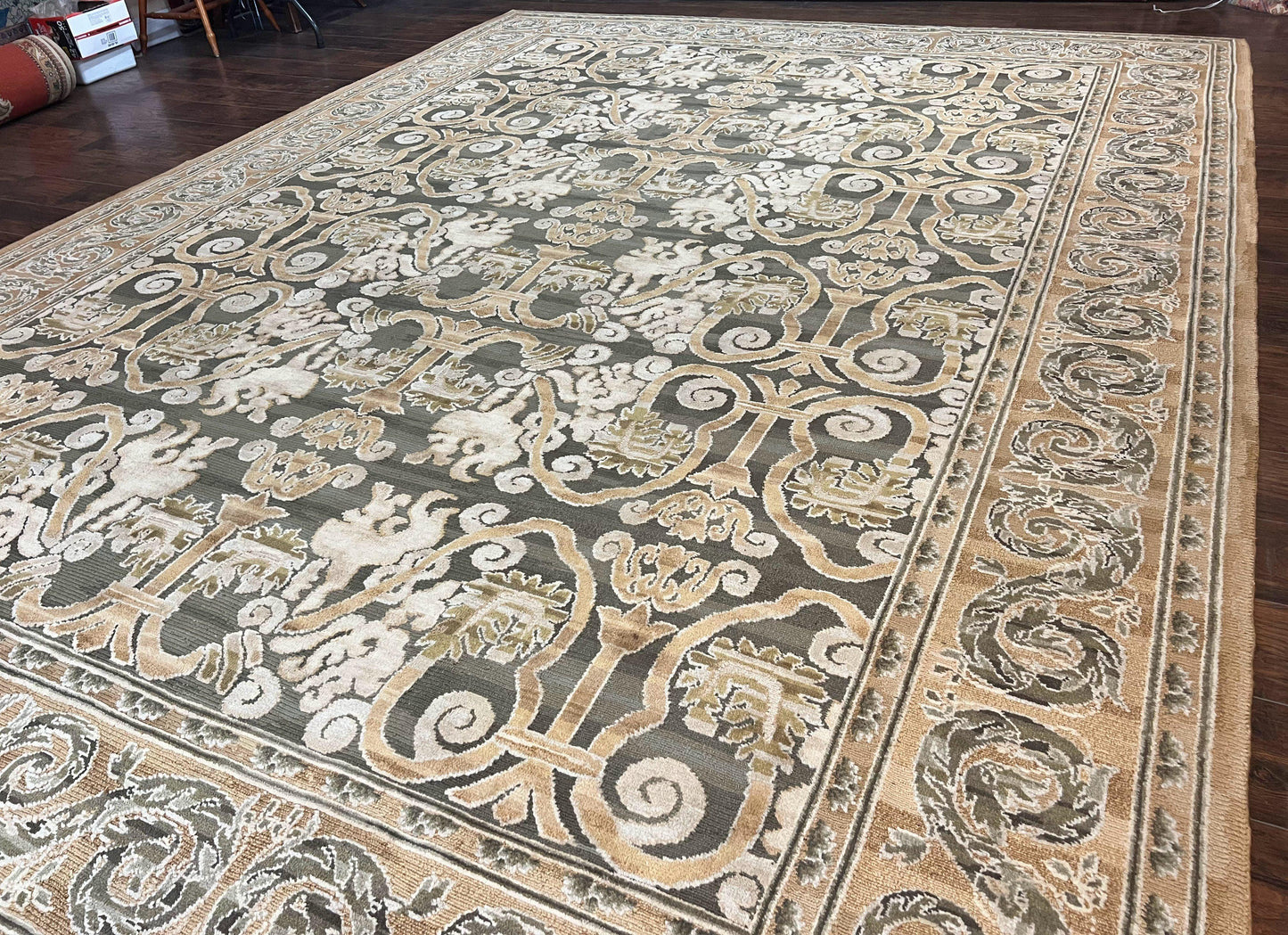 Spanish Wool Rug 11x14 Hand Knotted Vintage Floral Olive Green Beige European Design
