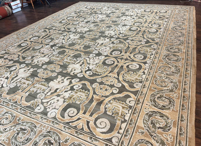 Spanish Wool Rug 11x14 Hand Knotted Vintage Floral Olive Green Beige European Design
