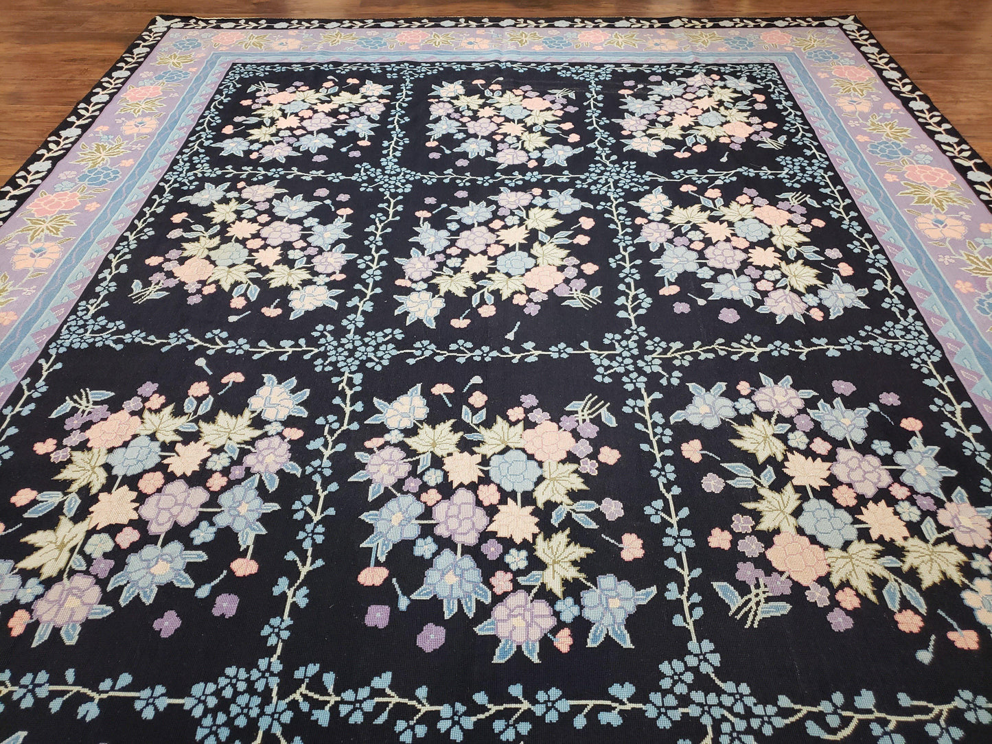 Chinese Needlepoint Rug Hand Woven Wool Vintage Floral Garden European Aubusson Design