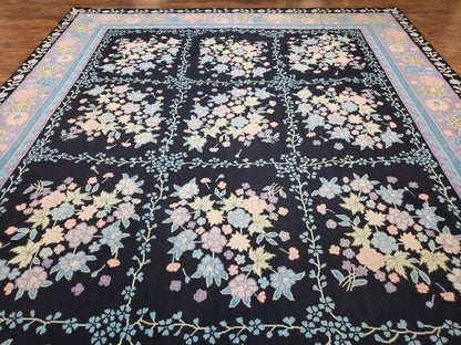 Chinese Needlepoint Rug Hand Woven Wool Vintage Floral Garden European Aubusson Design