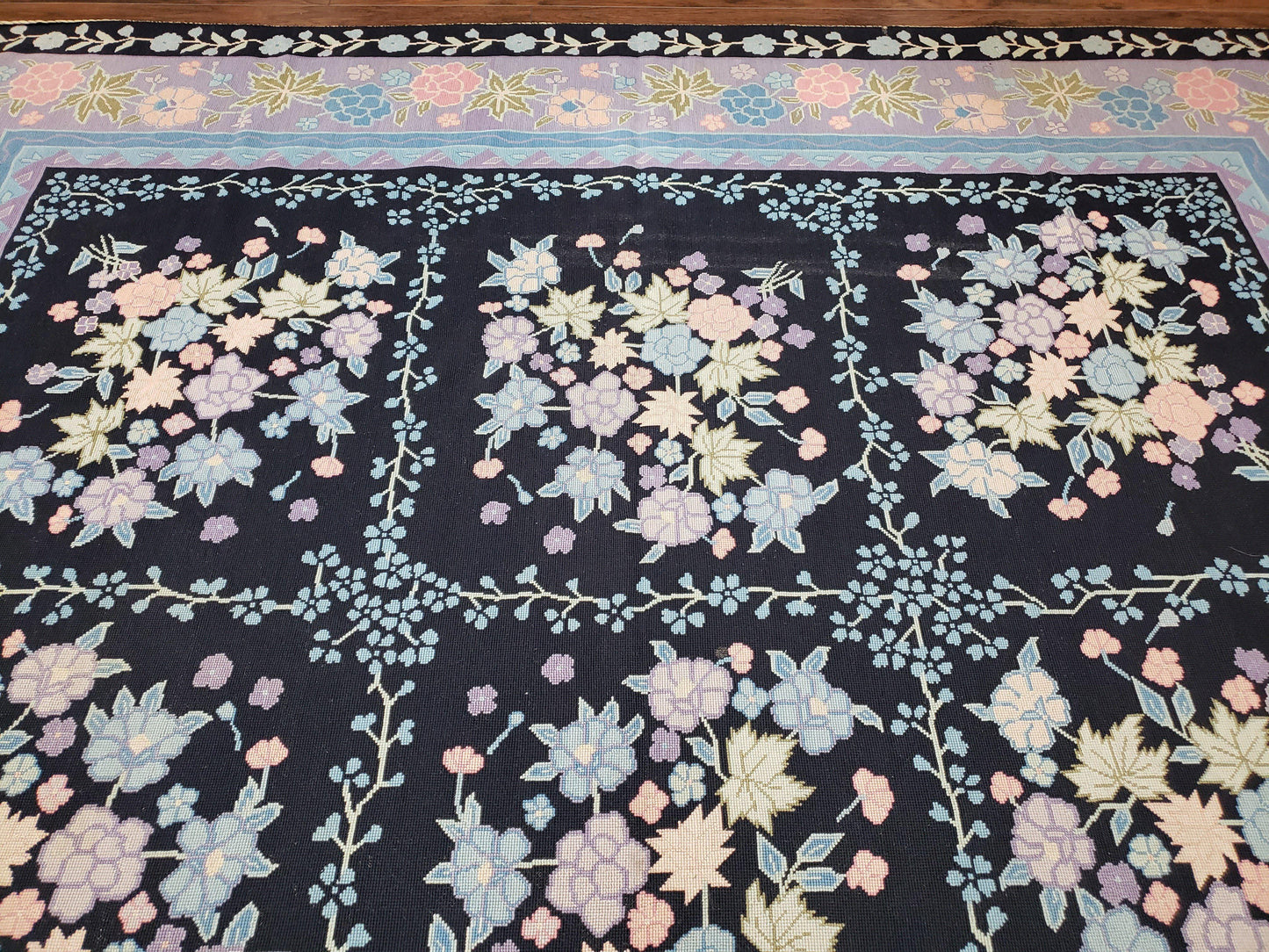 Chinese Needlepoint Rug Hand Woven Wool Vintage Floral Garden European Aubusson Design