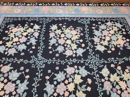 Chinese Needlepoint Rug Hand Woven Wool Vintage Floral Garden European Aubusson Design