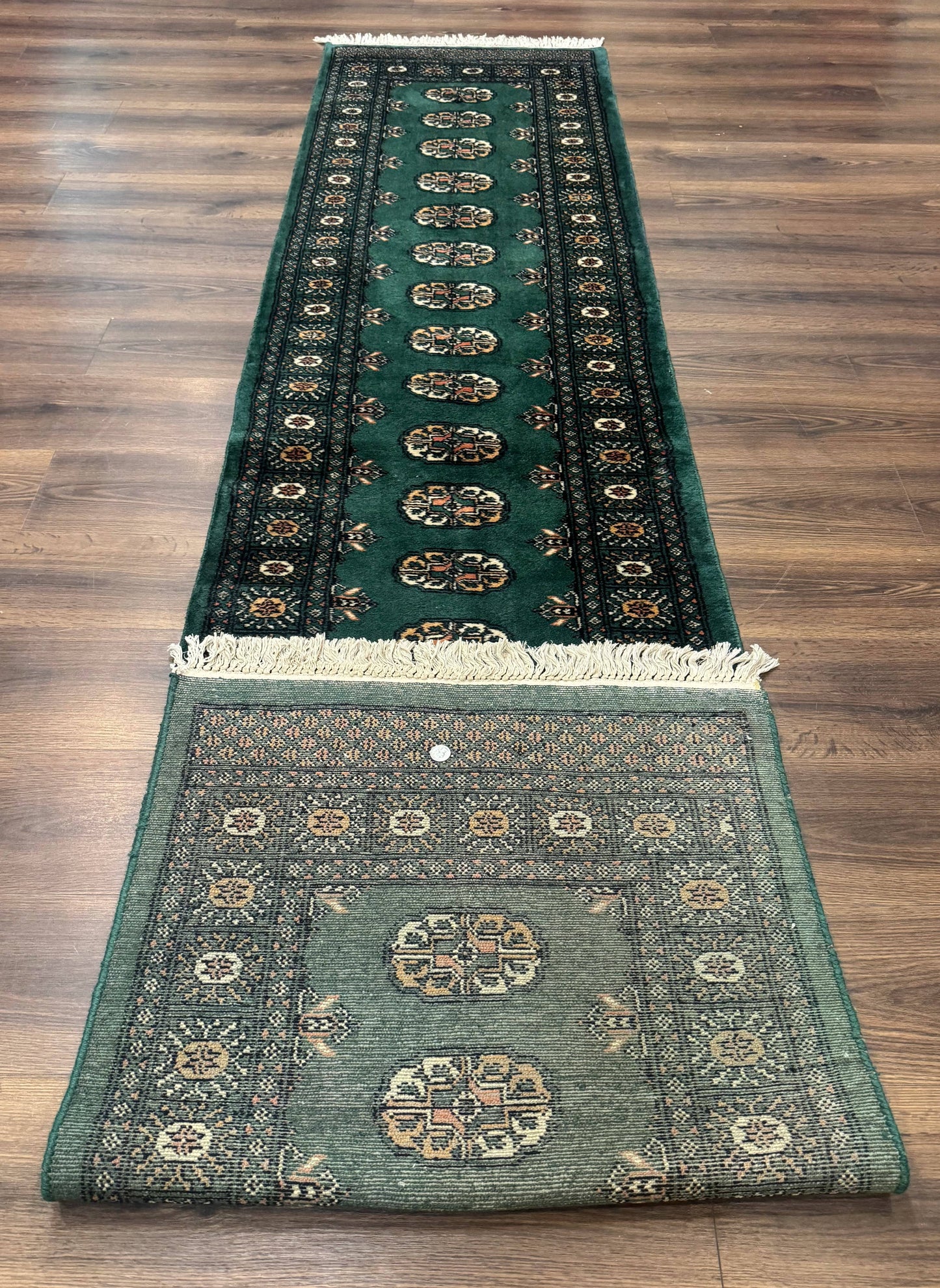 Pakistani Bokhara Runner Rug 2.5 x 11, Green Turkoman Wool Runner for Hallway