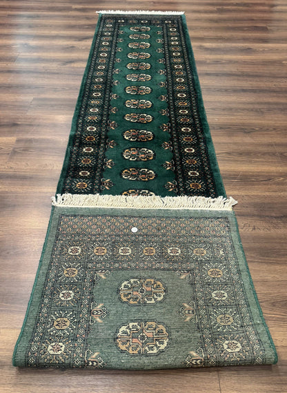 Pakistani Bokhara Runner Rug 2.5 x 11, Green Turkoman Wool Runner for Hallway
