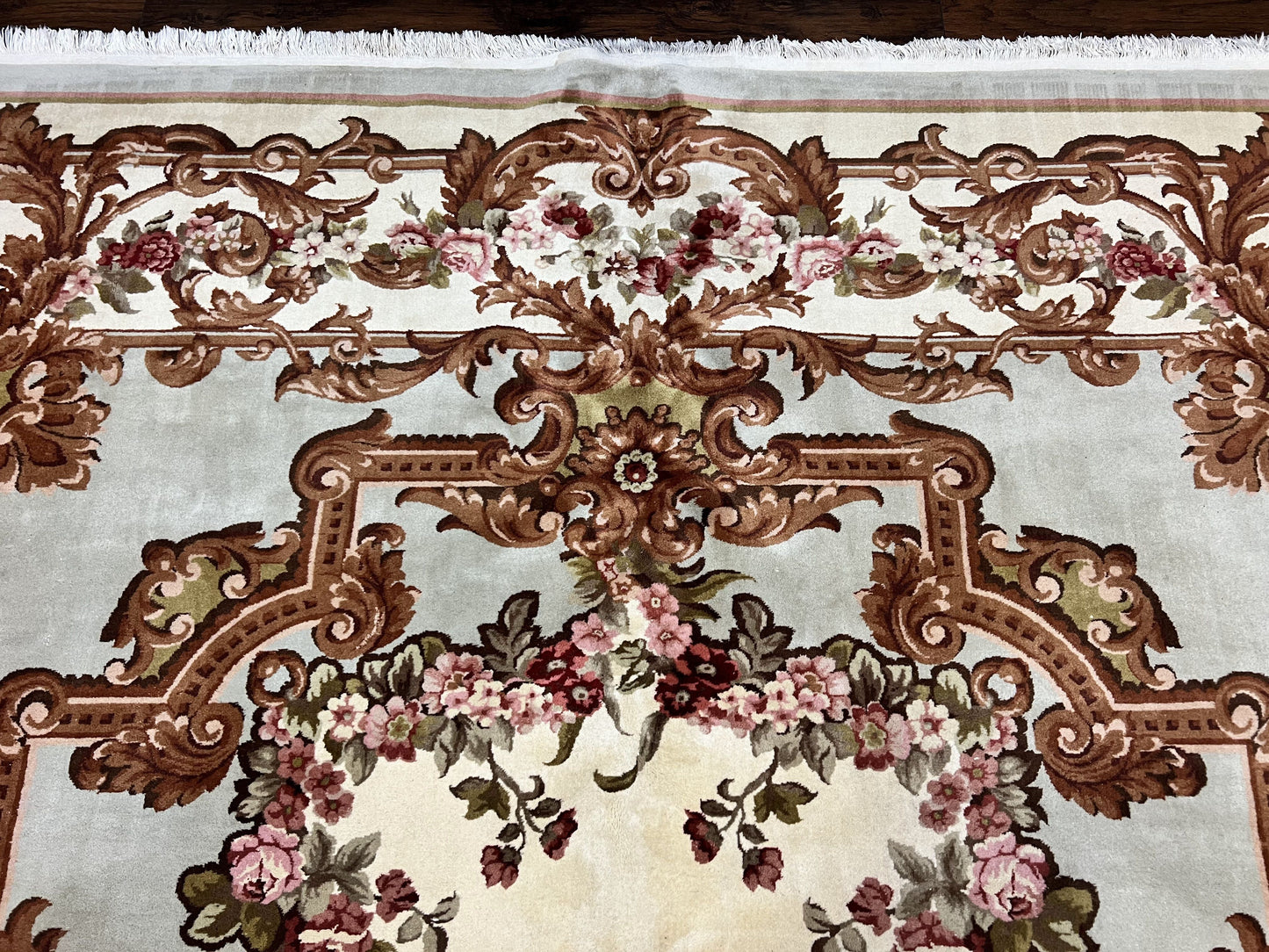Aubusson Rug 10x13, Cream and Light Mint Green Hand Knotted Handmade French Savonnerie European Carpet, Wool Pile, Large Room Sized Vintage
