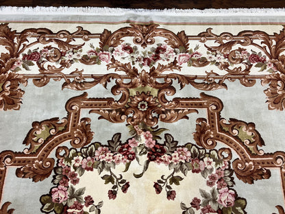 Aubusson Rug 10x13, Cream and Light Mint Green Hand Knotted Handmade French Savonnerie European Carpet, Wool Pile, Large Room Sized Vintage