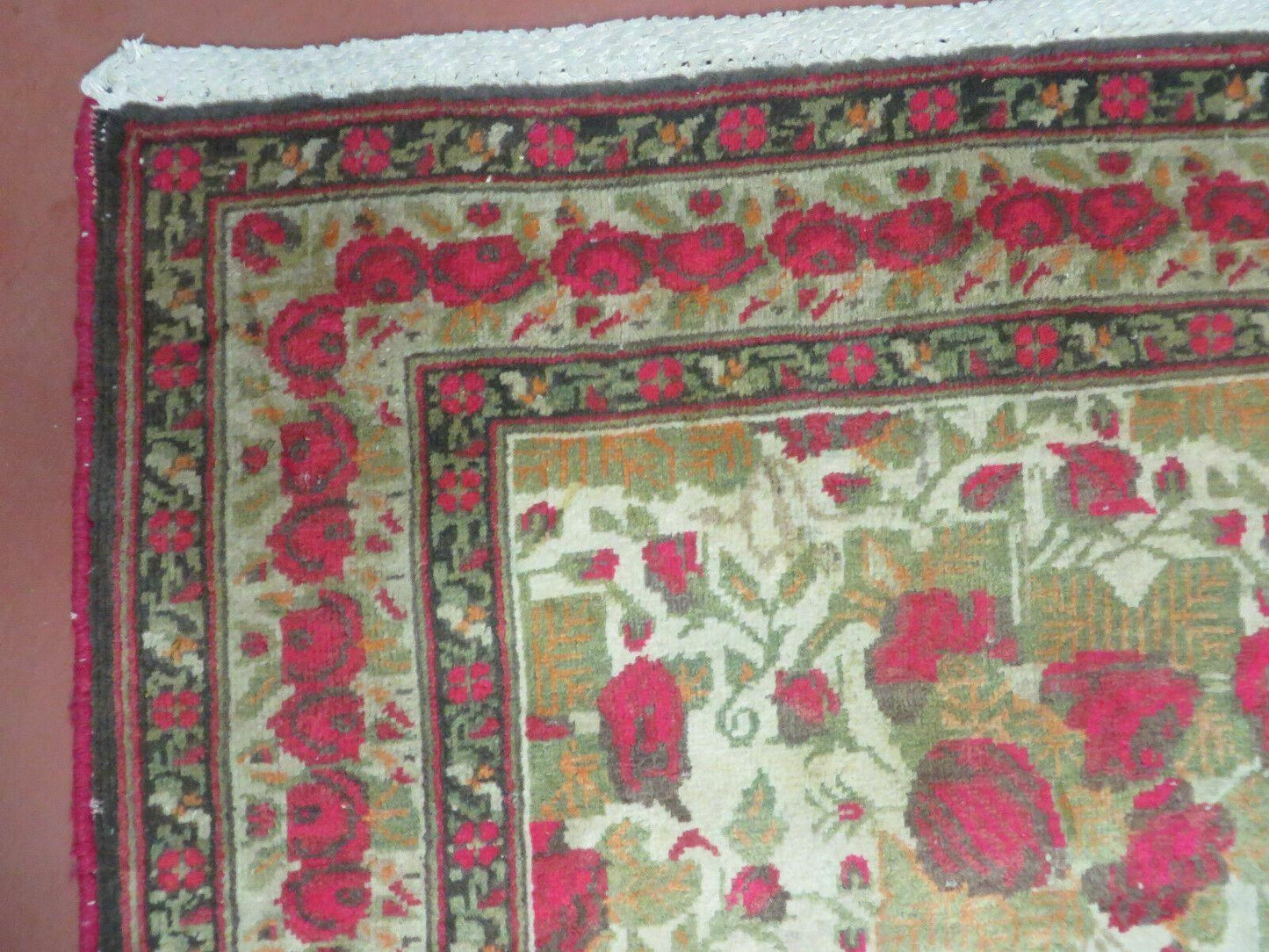Antique Handmade India Floral Wool Rug 5x6 Roses And Traditional Oriental Design