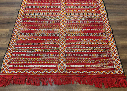 Moroccan Kilim Rug 4x8 Flatweave Bohemian Wool Area Rug In Red Ivory Orange