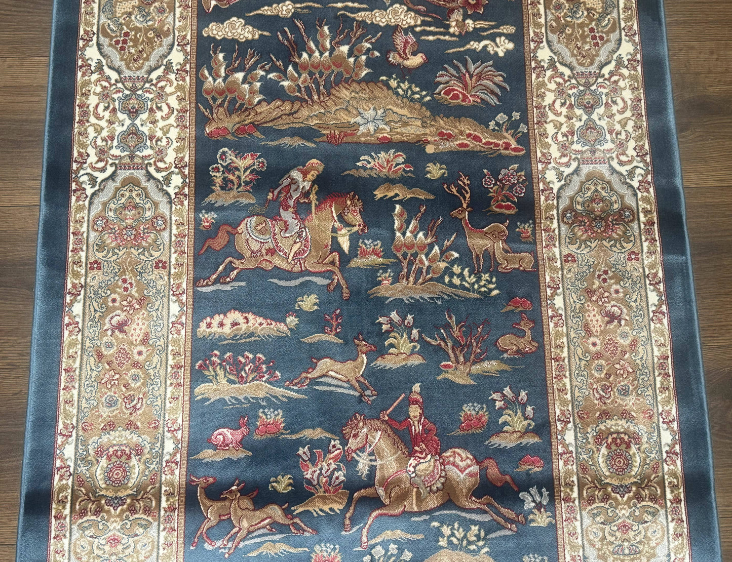 Turkish Silk Hunting Scene Rug 2.6 x 5 Feet Dark Steel Blue And Ivory Bamboo Silk Area Rug