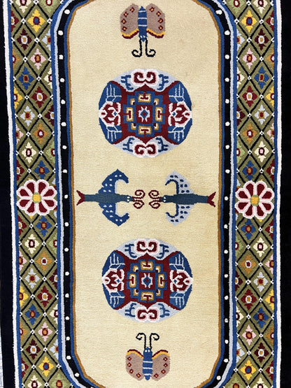 Chinese Wool Rug 3x6 Hand Knotted Vintage Peking Butterflies Art Deco