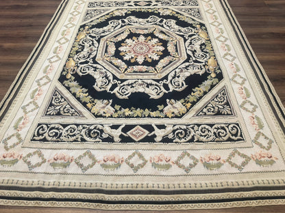 Vintage Aubusson Rug 6x8 Wool Hand Knotted European Design Lion Pictorial Black