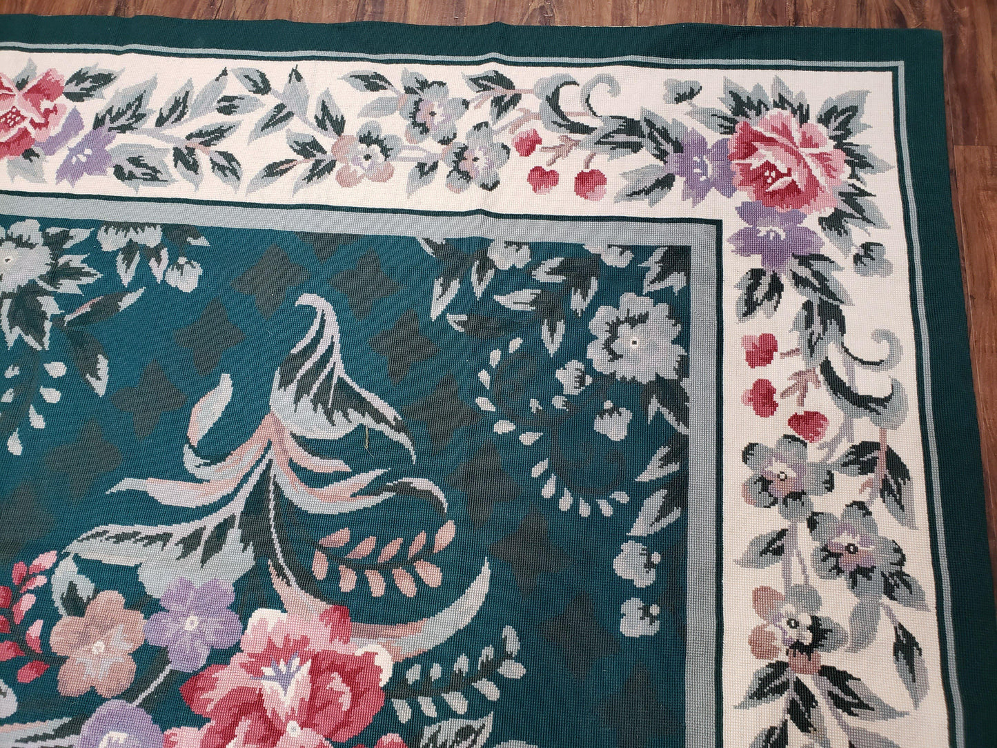 Chinese Needlepoint Rug 8x10 Vintage Green Handwoven Wool Carpet European Floral Living Room Rug