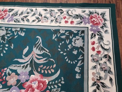 Chinese Needlepoint Rug 8x10 Vintage Green Handwoven Wool Carpet European Floral Living Room Rug