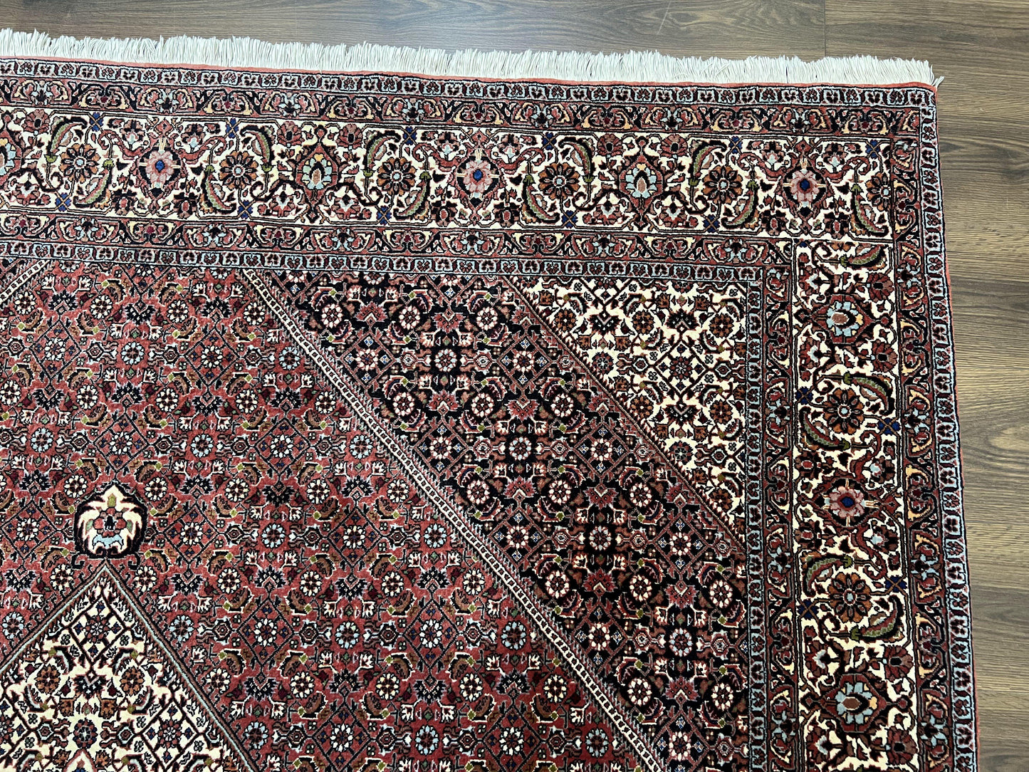 Persian Bidjar Rug 7x8 Ft Hand Knotted Wool Herati Mahi Ivory Red Navy Blue