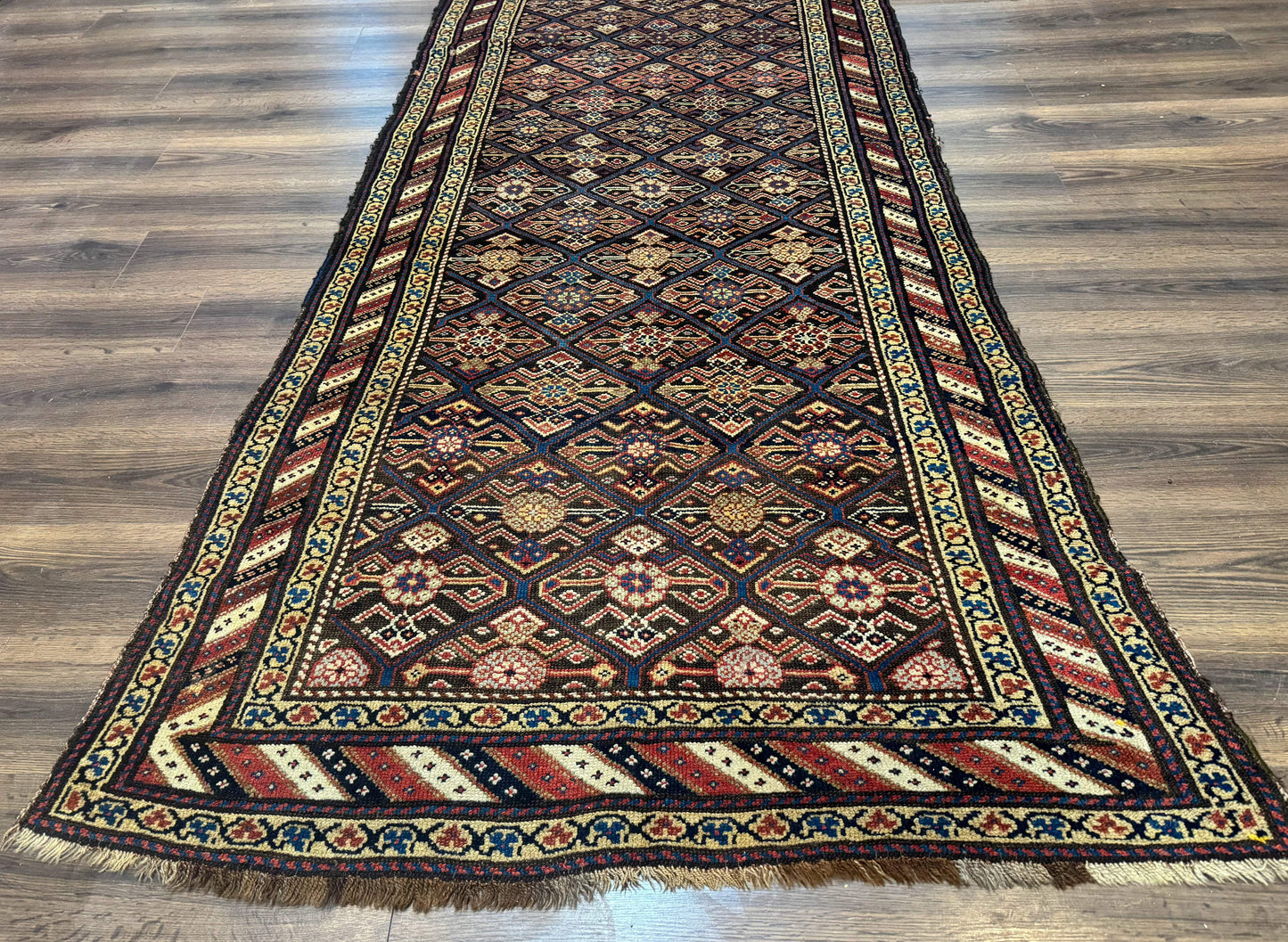 Antique Persian Wide Runner Rug 4x9, Kurdish Rug, Panel Design, Rainbow Border, Rare Tribal Rug
