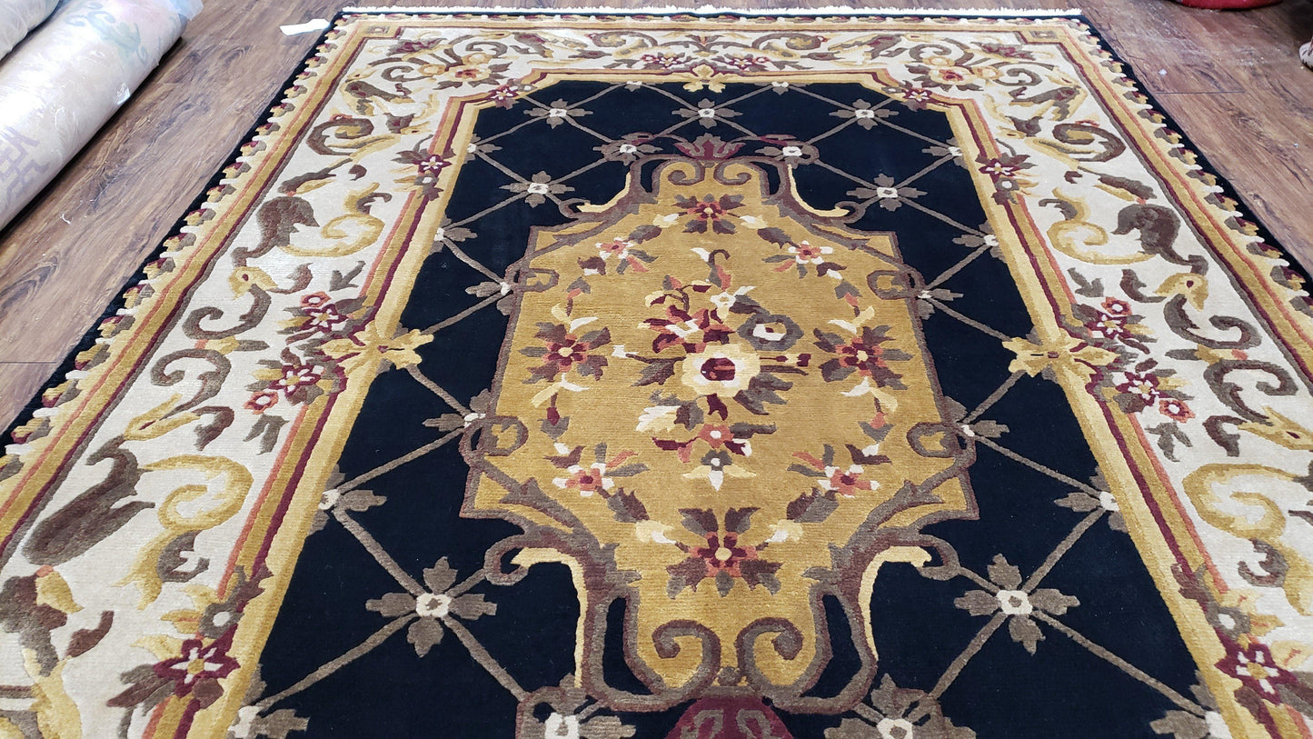 Nepal Rug 6x9 Hand Knotted Wool Aubusson Area Rug Black Beige Tibetan Savonnerie Style