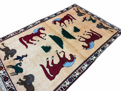 Handmade Wool Rug 4x6 Hand Knotted Tribal Horses Veggie Dyed