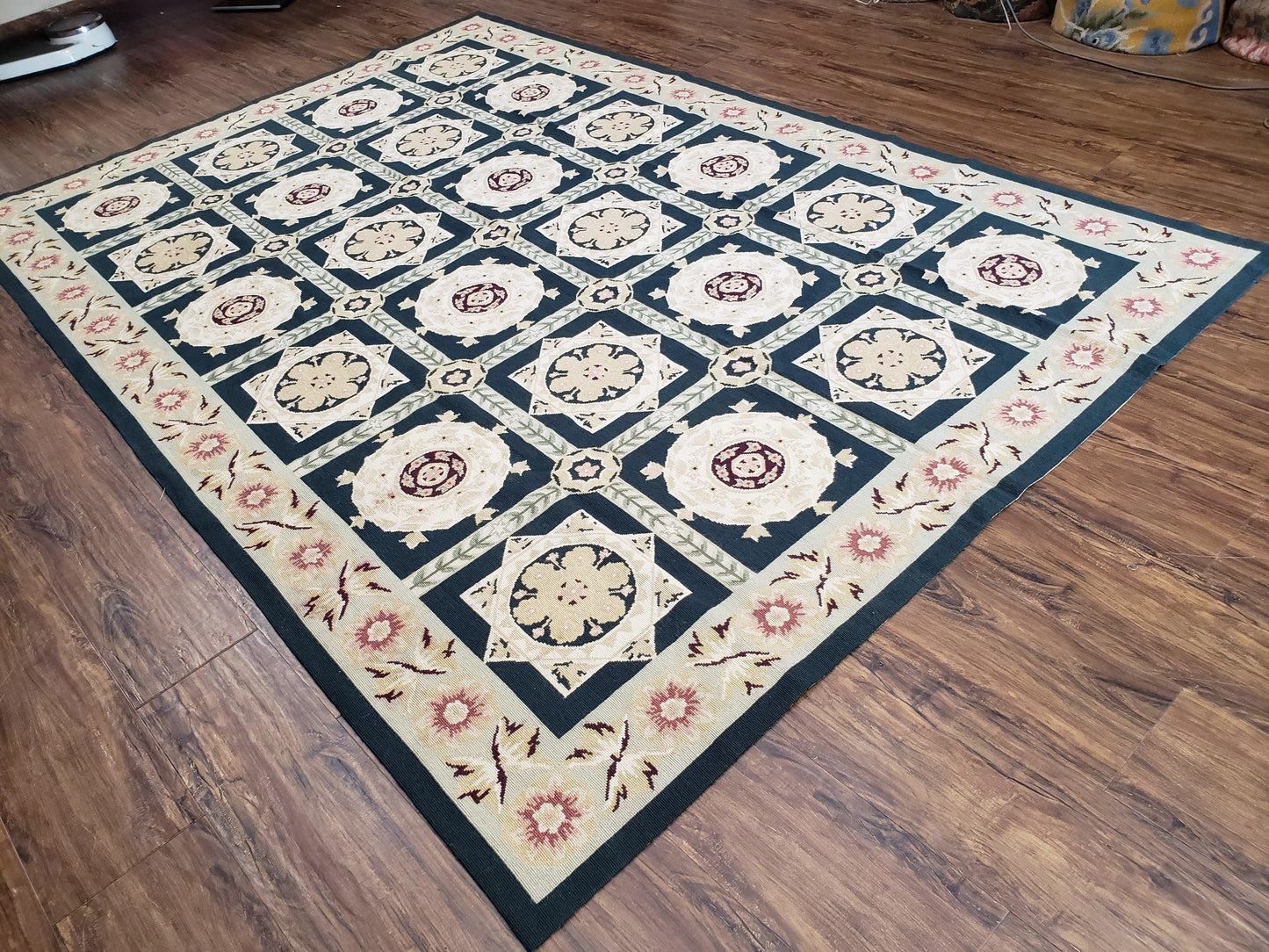 Vintage Chinese Needlepoint Rug 6x9 Handwoven Wool Panel Design Rug Black Ivory