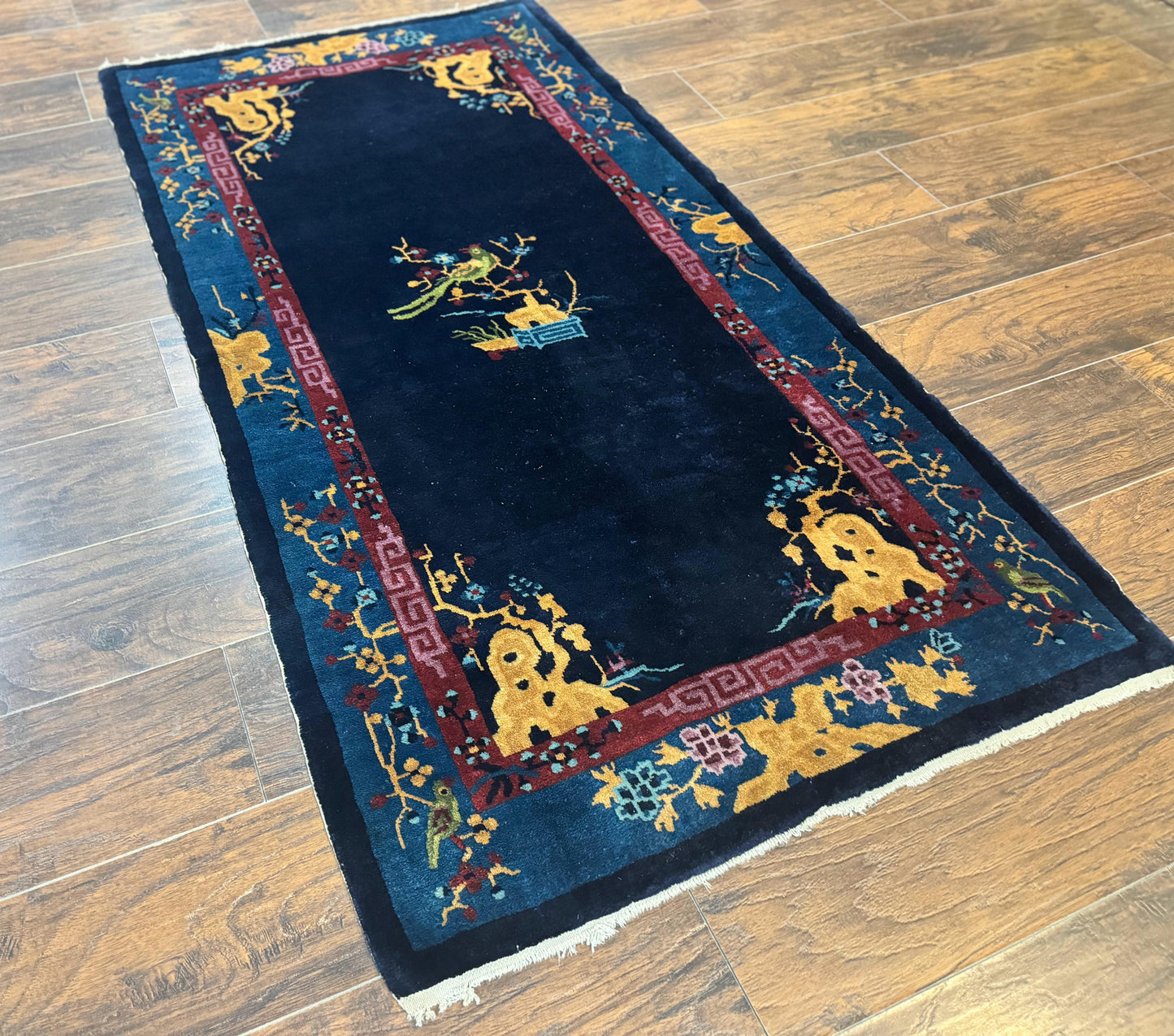 Antique Chinese Peking Rug 3x6 Handmade Wool Bird Motif Dark Blue Oriental Carpet