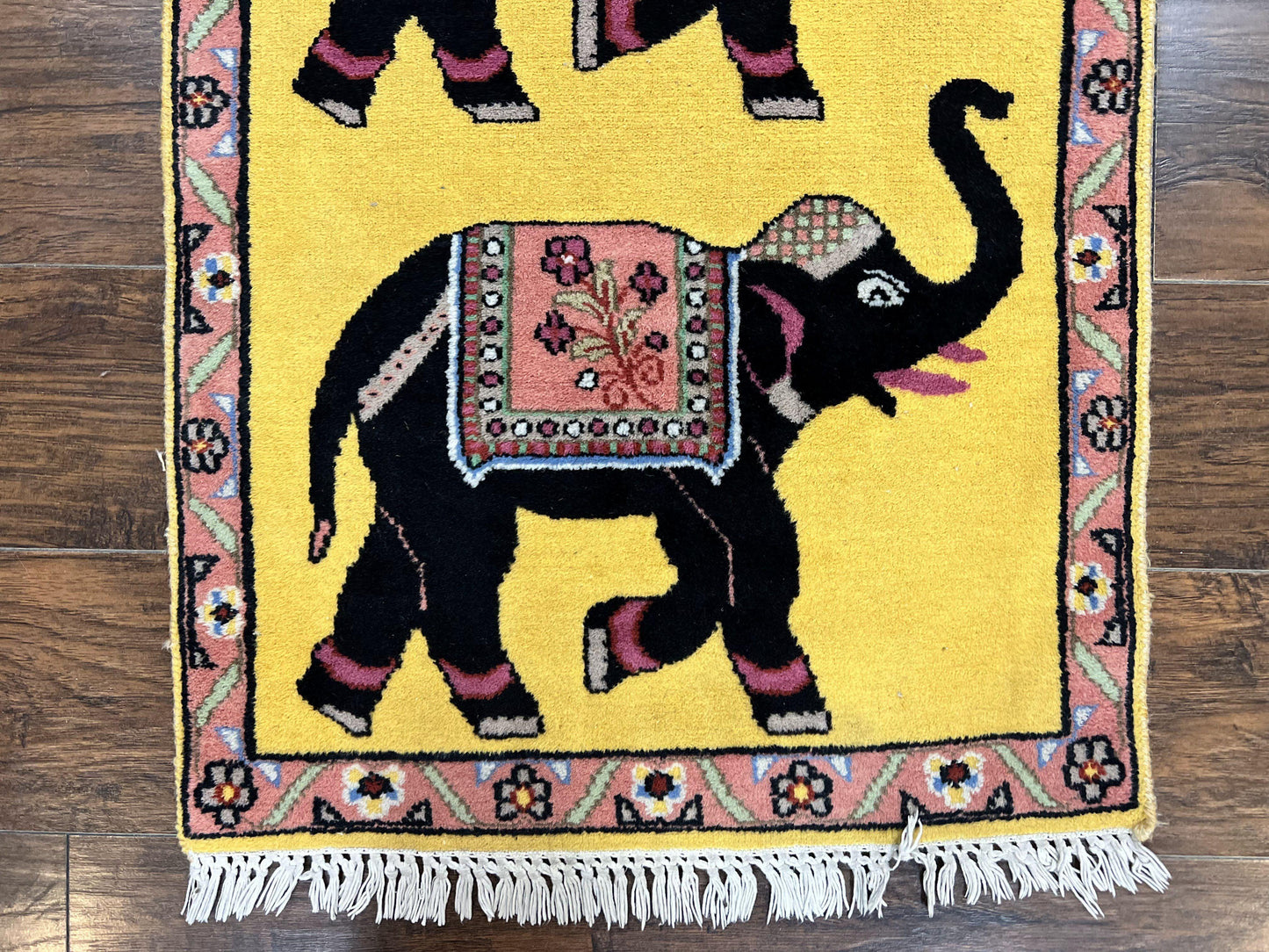 Unique Indian Pictorial Rug 2x3, Small Wool Hand Knotted Oriental Carpet, Yellow, Two Elephants, Handmade