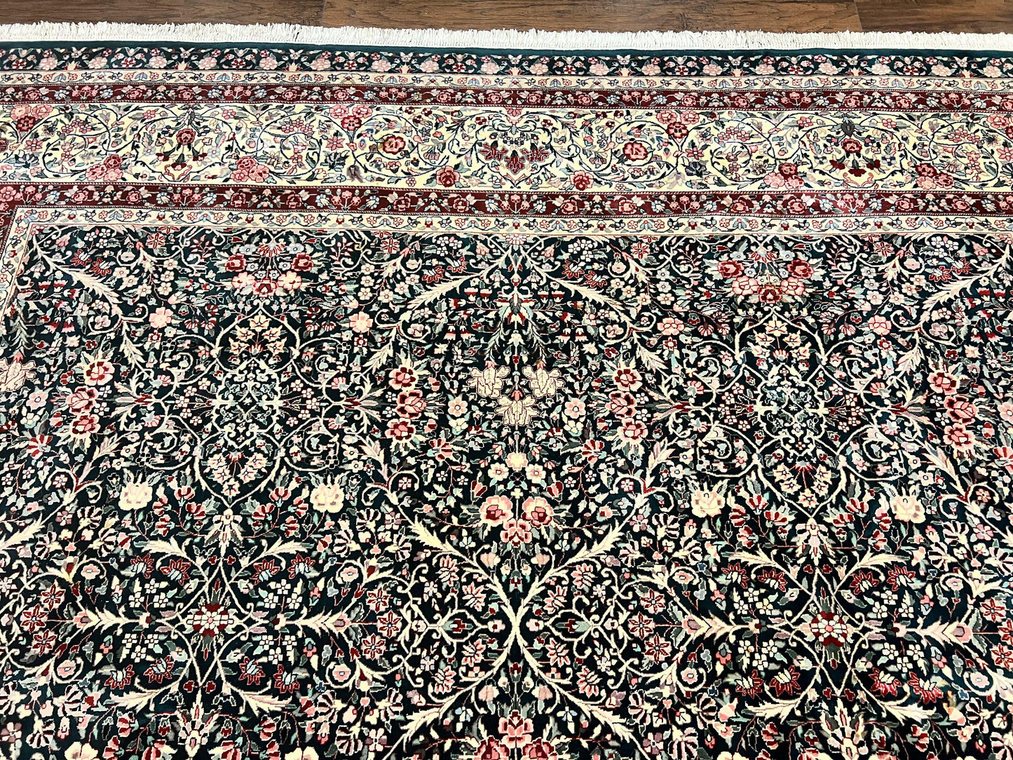 Premium Sino Persian Rug 10x14 Wool Hand Knotted Kirman Floral Dark Green Beige
