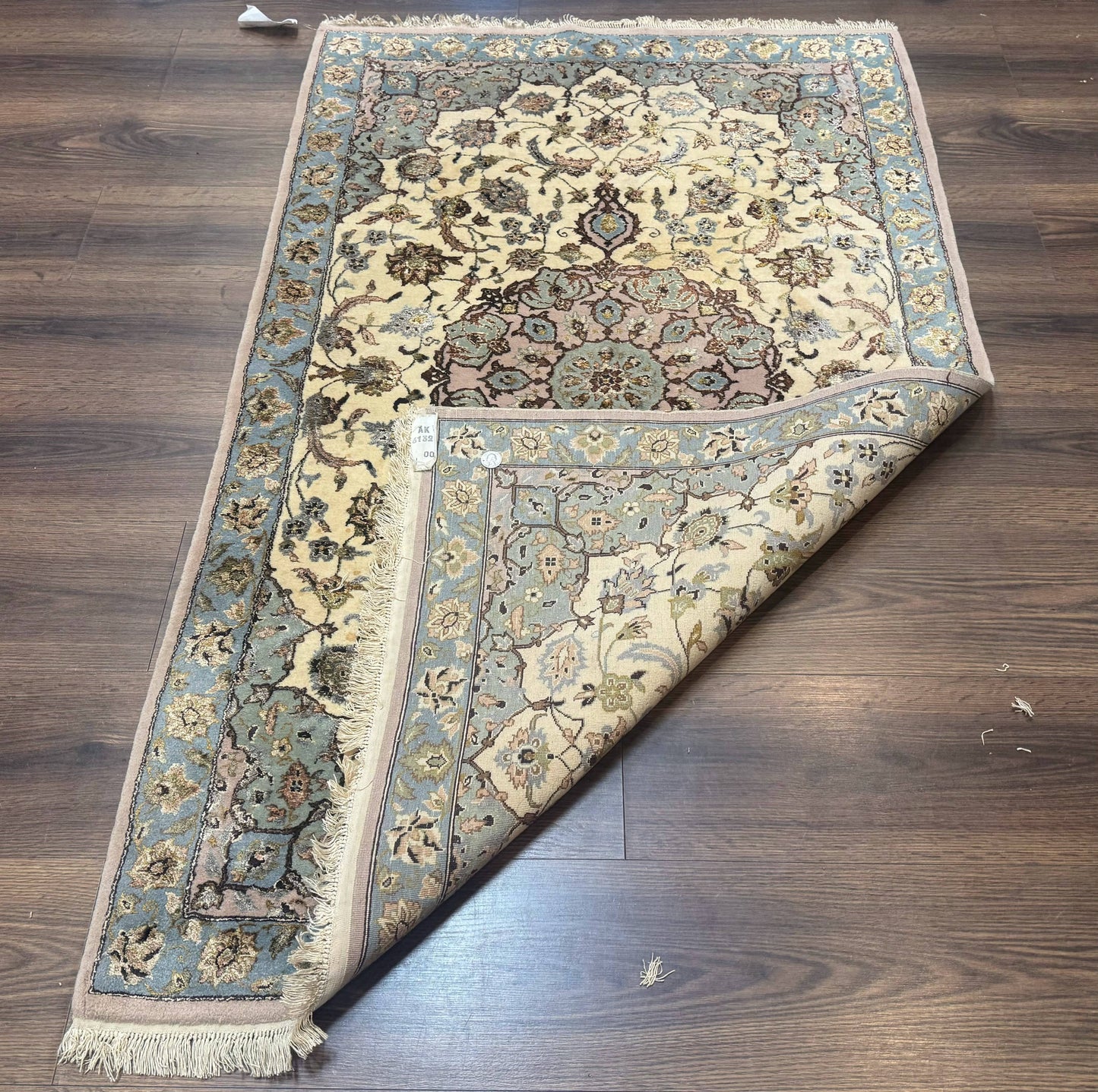 Persian Isfahan Rug 3x5, Fine 310 KPSI, Kork Wool Silk Foundation, Cream & Light Green