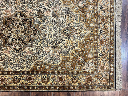 Persian Qum Silk Rug 3.5x5.5 Hand Knotted Silk On Silk Floral Medallion Very Fine 350 KPSI Vintage