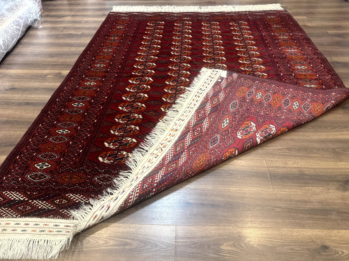 Persian Turkoman Rug 7x9 Antique Red Tribal Carpet With Gul Motif And Geometric Borders