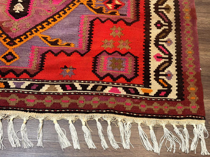 Persian Kurdish Zarand Kilim Rug 5x9 Runner With Red Field And Geometric Medallions