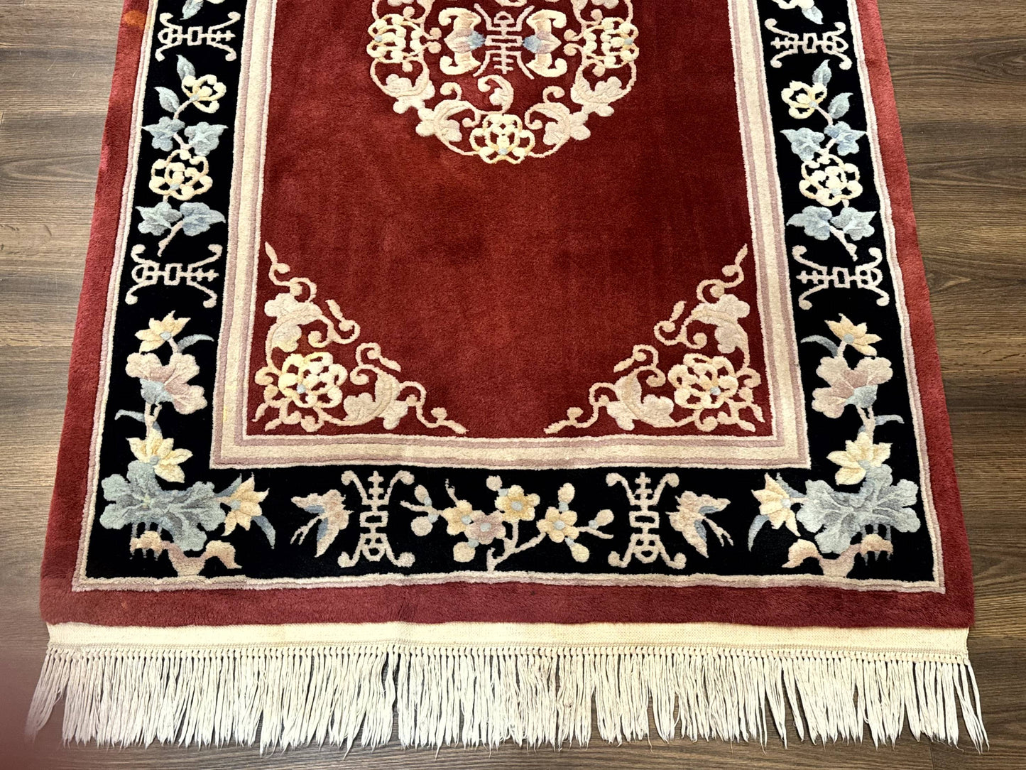 Chinese Wool Rug 4x6 Hand Knotted 90 Line Butterflies Maroon and Black