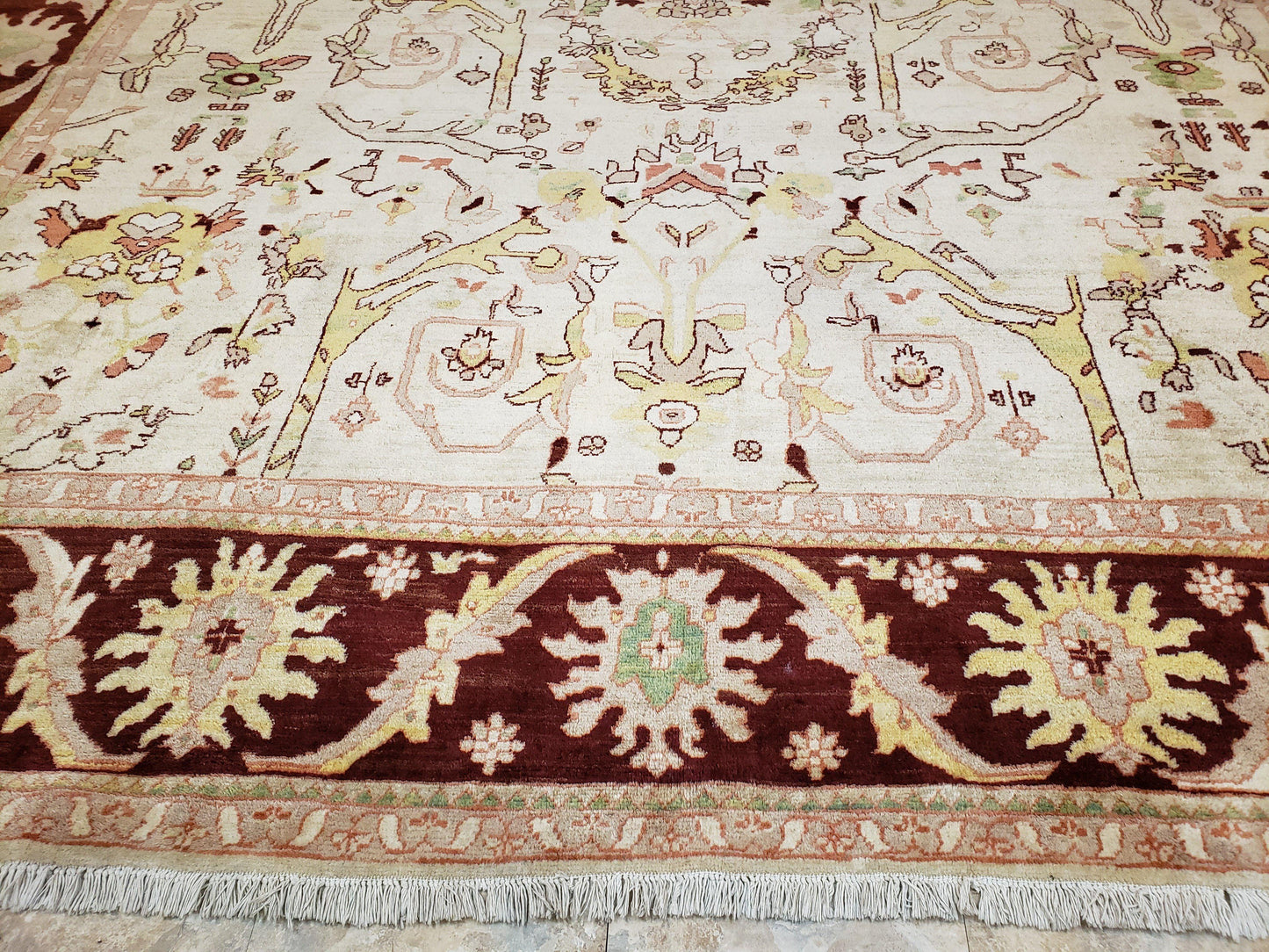 Beige and Maroon Peshawar Rug 10x15, Large Oushak Carpet, Pakistani Rug, Handmade Area Rug, Hand Knotted Rug, Living Room Rug, Nice Wool Rug