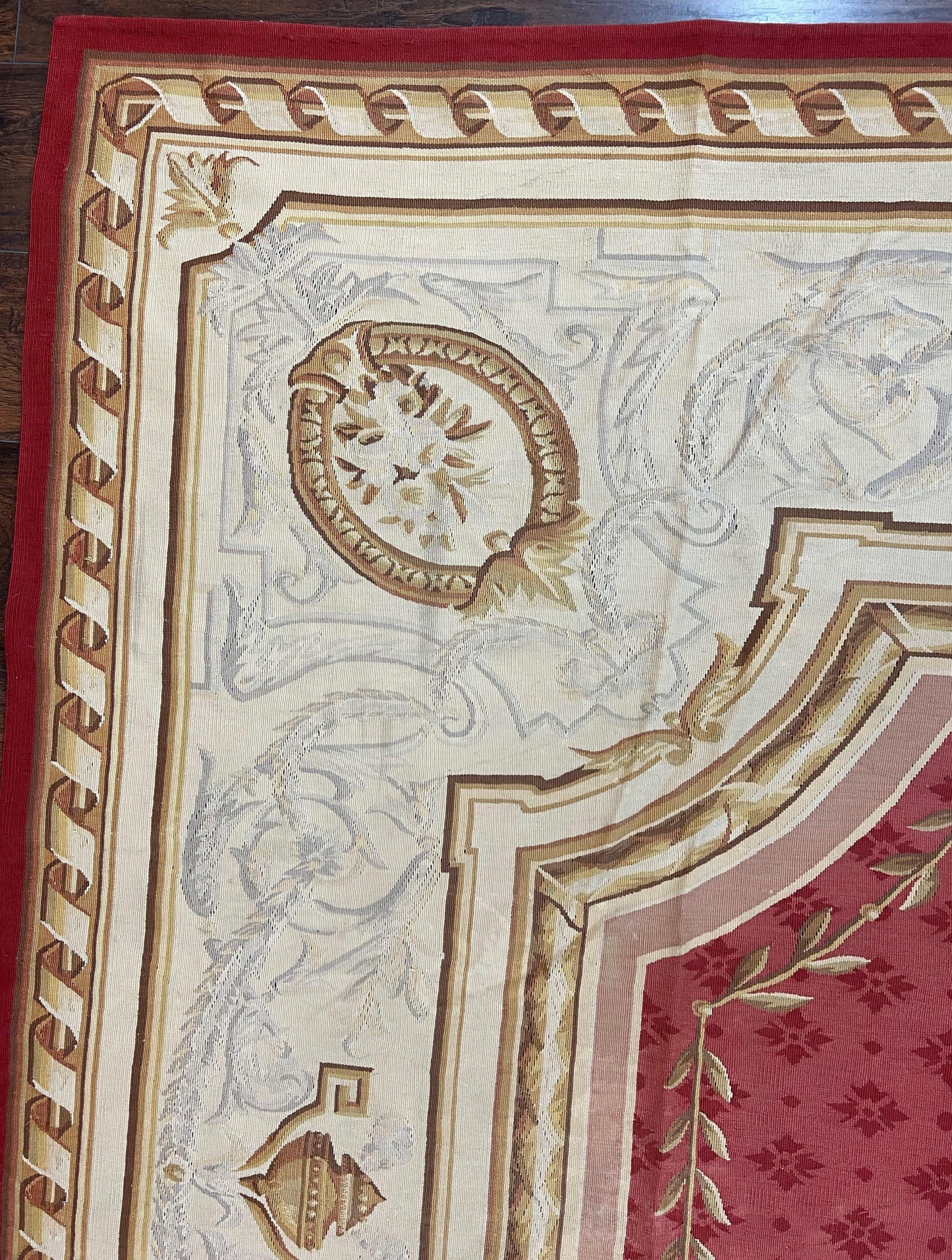 Elegant Aubusson Rug 9x12 Handmade Wool Carpet Red Ivory Vintage French Design