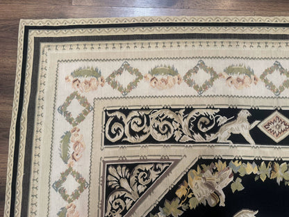 Vintage Aubusson Rug 6x8 Wool Hand Knotted European Design Lion Pictorial Black