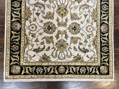 Small Indo Mahal Rug Hand Knotted Wool Vintage Oriental Carpet Beige Tan Black