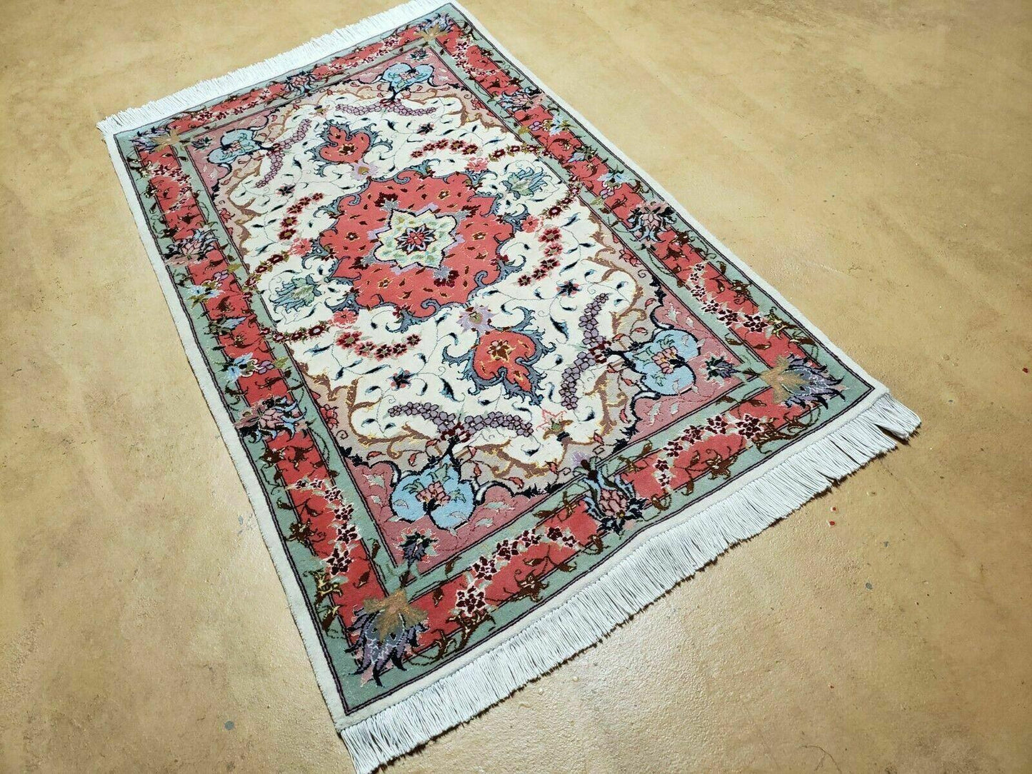Small Vintage Persian Tabriz Wool and Silk Rug 2.5 x 4 ft, Very Finely Hand Knotted, Medallion, Ivory Salmon Light Blue, Top Quality, Pair B