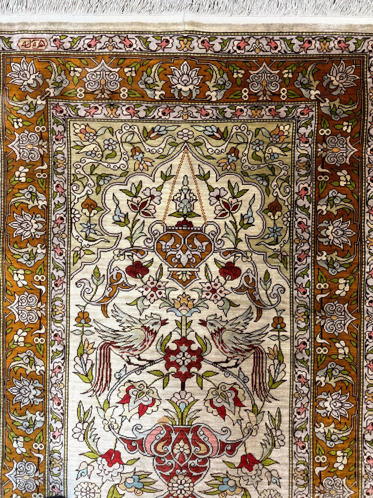 Hereke Silk Rug 2x3 Birds Lantern Very Fine 400 KPSI Hand Knotted Signed Masterweaver