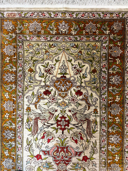 Hereke Silk Rug 2x3 Birds Lantern Very Fine 400 KPSI Hand Knotted Signed Masterweaver