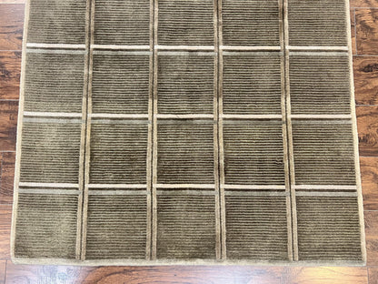 Tibetan Rug 4x6 Handmade Green Wool Area Rug With Panel Design Modern Contemporary